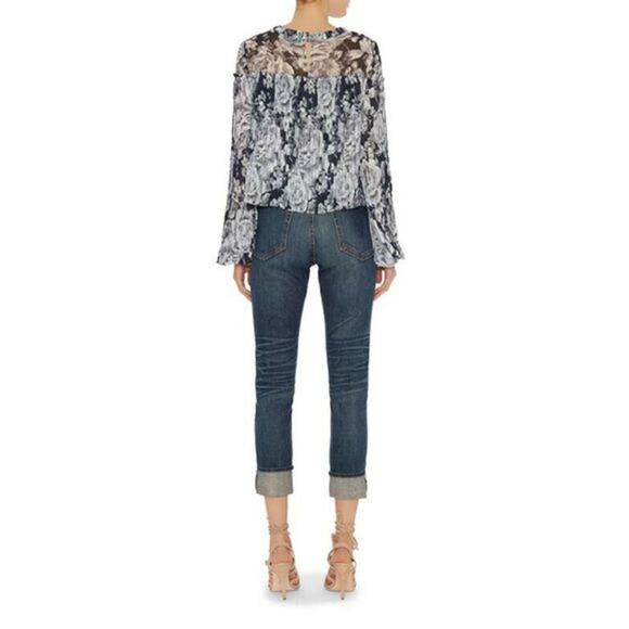 INTERMIX Charlotte Pleated Floral 100%‎ Silk Blouse Size S Top Navy Bell Sleeve - Picture 3 of 8